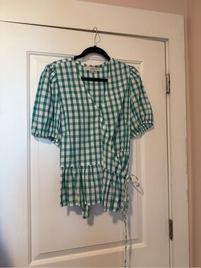 LOFT Teal Gingham Wrap Peplum Blouse